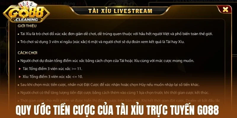 Quy ước tiền cược của tài xỉu trực tuyến Go88